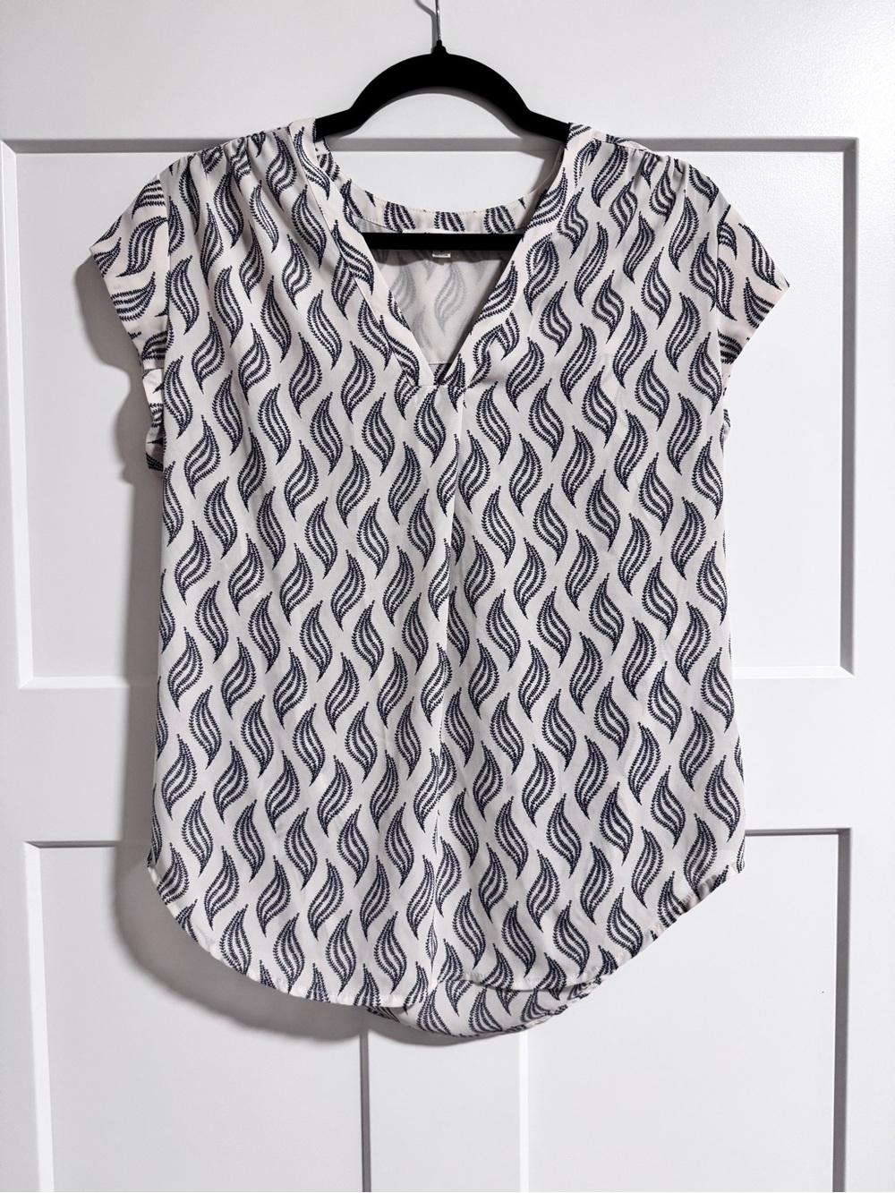 Womens White Blouse with Navy Wave Pattern - Short Sleeve V-Neck